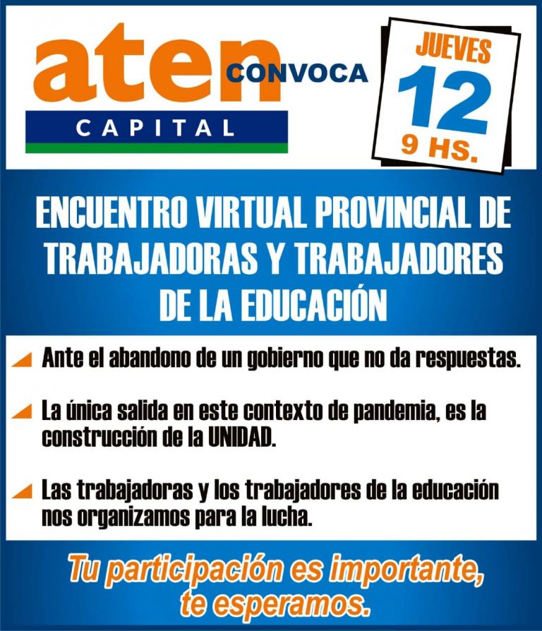 Lee más sobre el artículo ENCUENTRO VIRTUAL PROVINCIAL DE TRABAJADORAS Y TRABAJADORES DE LA EDUCACIÓN