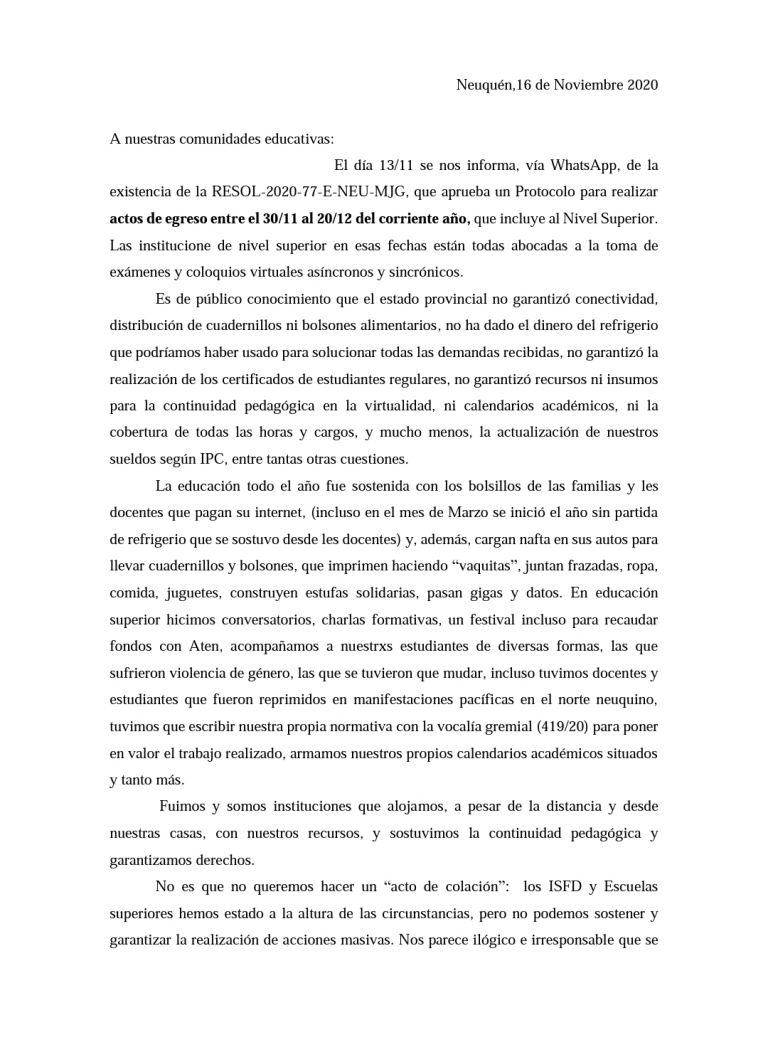 Lee más sobre el artículo PRONUNCIAMIENTO PÚBLICO DE LOS ISFD DE LA PROVINCIA Los actos escolares son construcciones institucionales colectivas, que reflejan el final de los procesos político-pedagógicos llevados adelante durante el año.