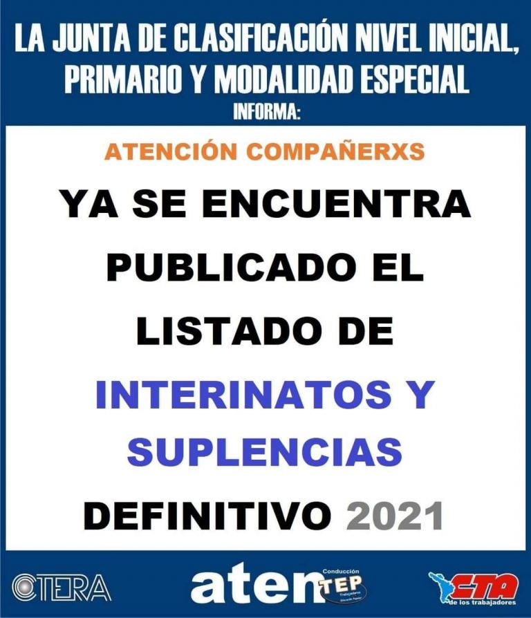 Lee más sobre el artículo LISTADO INTERINATOS Y SUPLENCIAS 2021 – Nivel primario, inicial y modalidad especial
