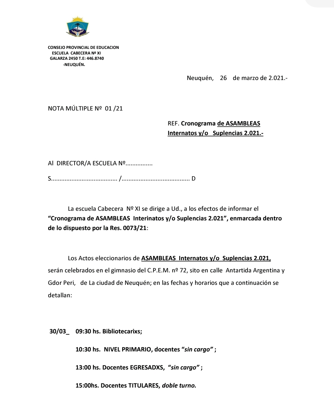 Lee más sobre el artículo CRONOGRAMA DE ASAMBLEAS PRESENCIALES DE NIVEL PRIMARIO Y MODALIDAD ESPECIAL – Interinatos y suplencias Martes 30 y miércoles 31 de marzo
