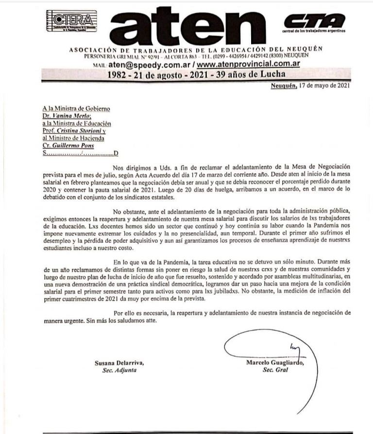 Lee más sobre el artículo Nota presentada el día de hoy con pedido de mesa de Negociación al Gobierno Provincial