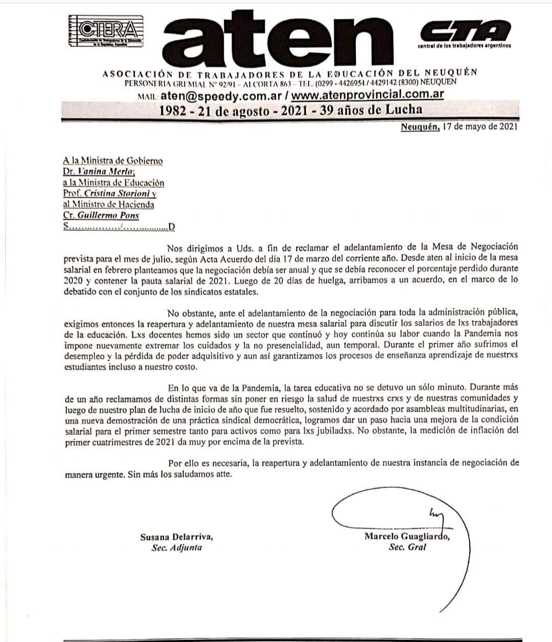 Lee más sobre el artículo Nota presentada el día de hoy con pedido de mesa de Negociación al Gobierno Provincial