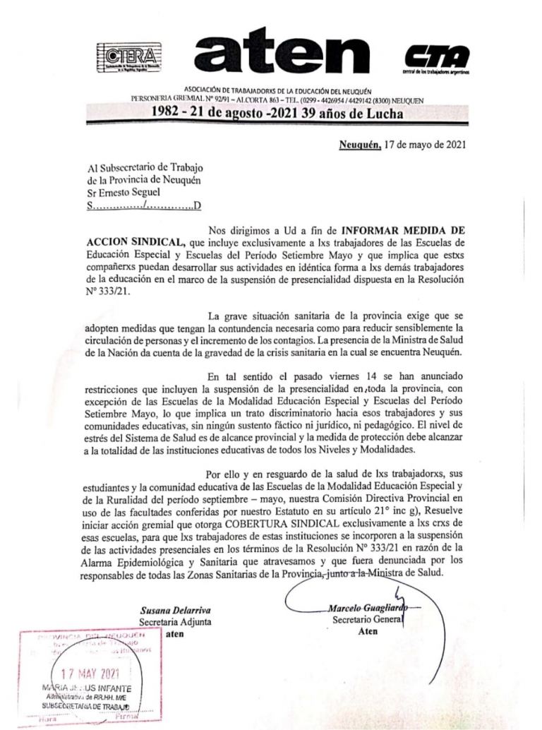 Lee más sobre el artículo Cobertura GREMIAL para escuelas especiales y rurales septiembre/mayo.  Nota RECIBIDA en la Subsecretaría de trabajo