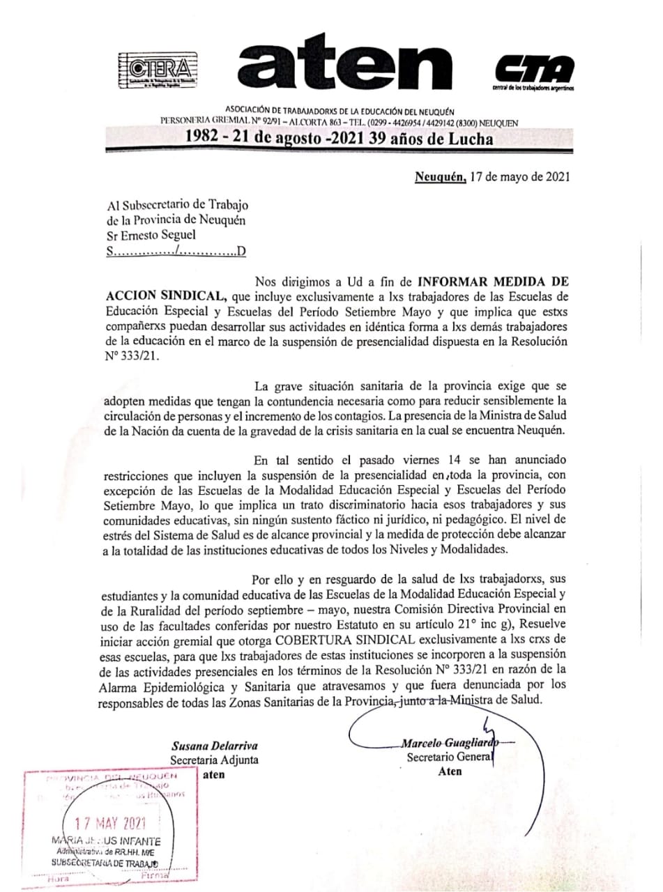 Lee más sobre el artículo Cobertura GREMIAL para escuelas especiales y rurales septiembre/mayo.  Nota RECIBIDA en la Subsecretaría de trabajo