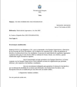 Lee más sobre el artículo Sobre la Disposición de Matriculación para Ingresantes al Nivel Secundario en el año 2022