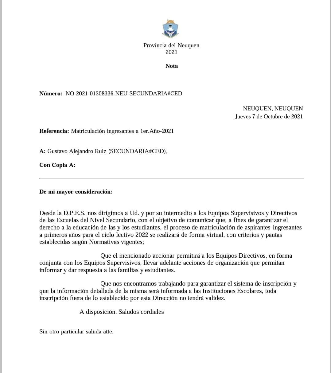 Lee más sobre el artículo Sobre la Disposición de Matriculación para Ingresantes al Nivel Secundario en el año 2022